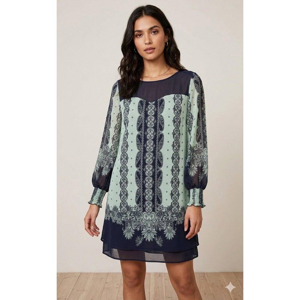 Xhilaration Teal & Navy Blue Long Sleeve Boho Shift Dress Women’s Size M Medium